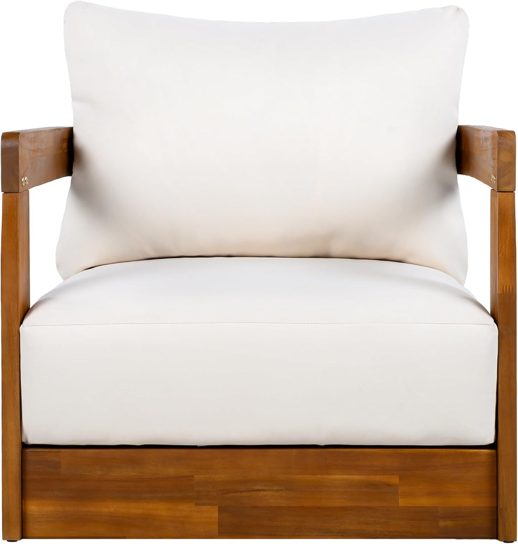 Christopher Knight Home Chloe Acacia Wood Lounge Chair Outdoor Set of 2, Curved Tub Design Accent Chairs with Weather Resistant Cushion, Comfy Low Profile Reading Seating for Backyard, Teak+ Beige