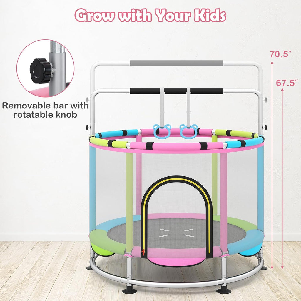 OLAKIDS 55' Trampoline for Kids, Indoor Outdoor Adjustable Toddler Trampoline with Safety Enclosure Net, Baby Recreational Trampolines with Basketball Hoop Hammock Boxing Bag Gymnastic Bar Rings