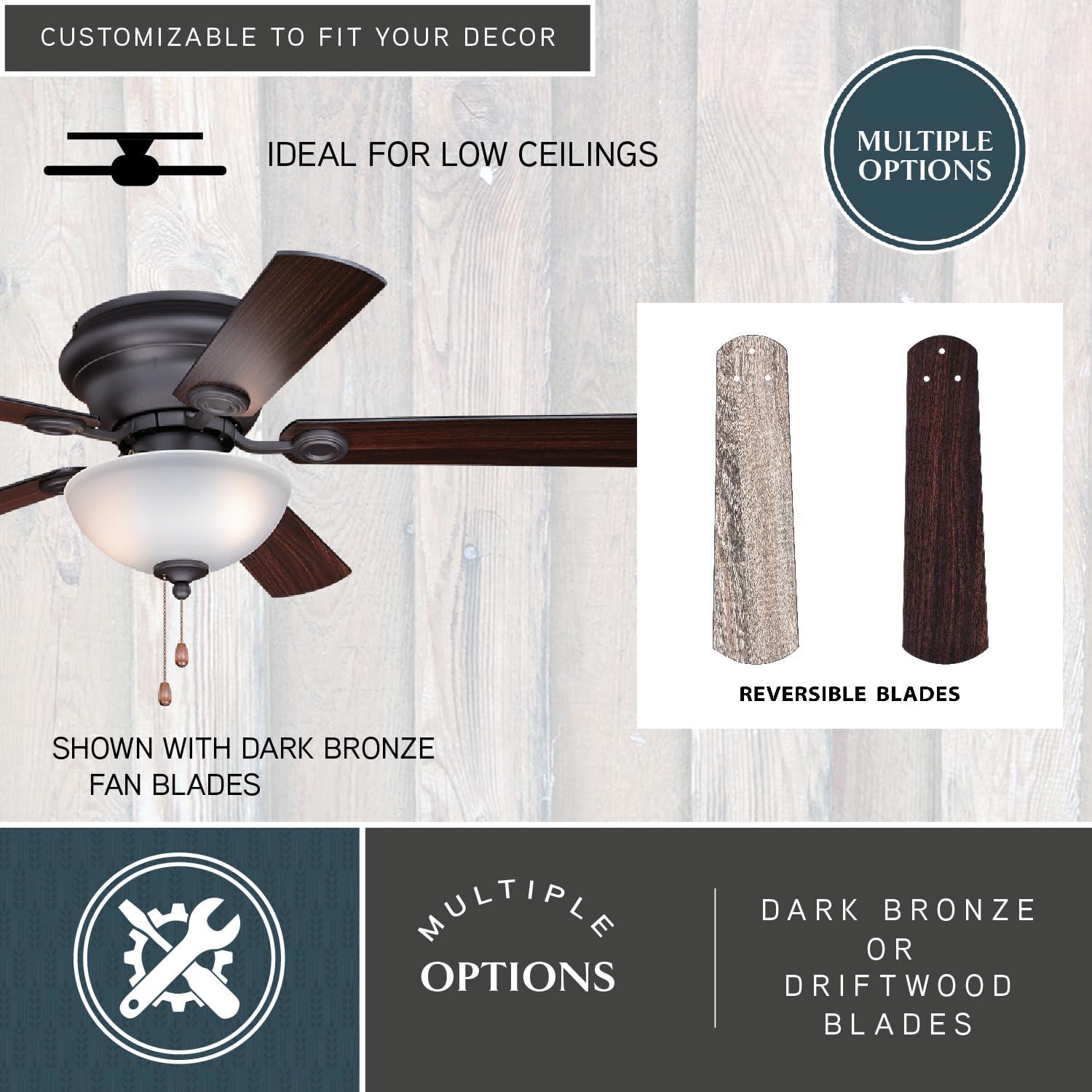 VAXCEL Expo 42 in. Noble Bronze Indoor Low Profile Flush Mount Traditional Ceiling Fan with Reversible Dark Bronze-Driftwood Blades, LED Light Kit and Pull Chain, 3 Speeds, Etched White Glass Shade