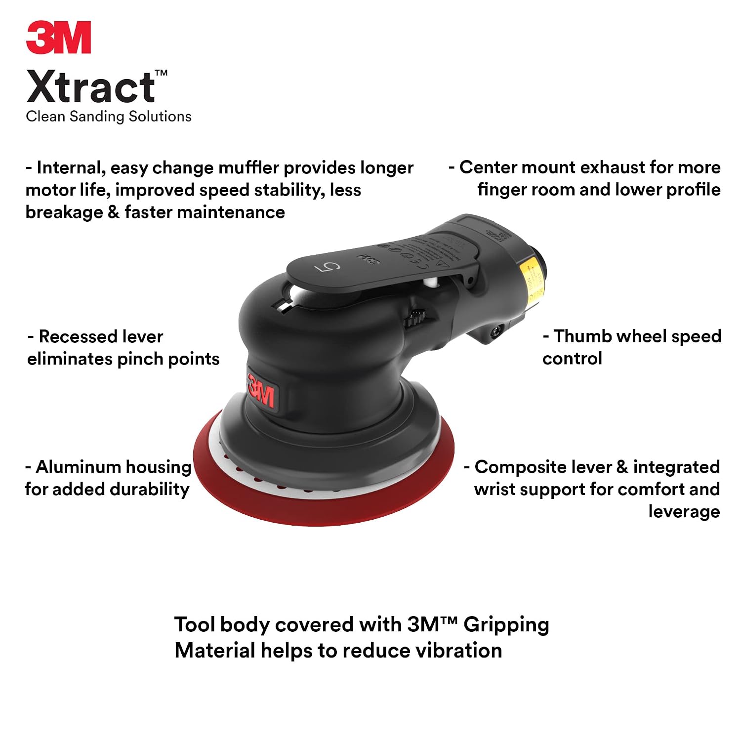 3M Pneumatic Random Orbital Sander, 88939, 5 in, Non-Vacuum, 5/16 in Orbit, Lightweight and Comfortable, 12000 RPM, .28 HP (209W) Motor, Variable Speed