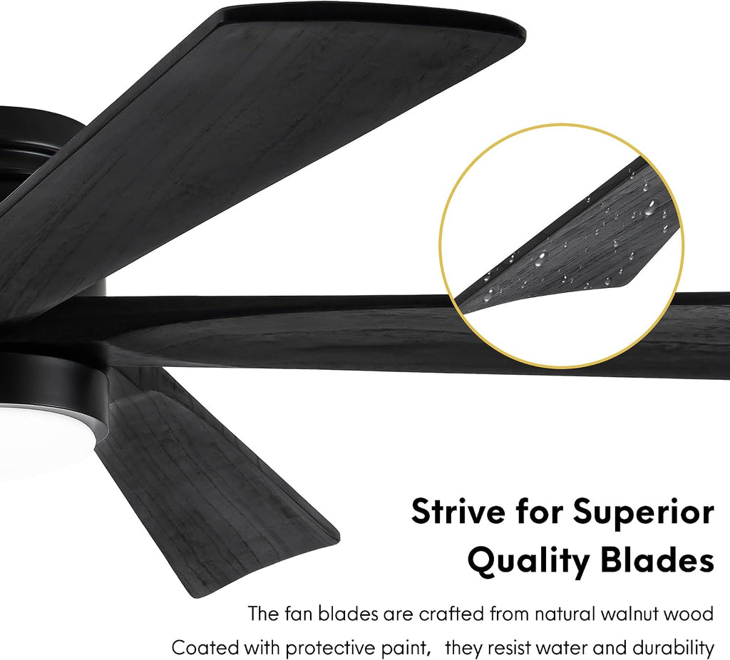 EKIZNSN 54 Inch Outdoor Low Profile Flush Mount Ceiling Fans with Lights for Patios, 110V Noiseless Reversible DC Motor, 6-Gear Speed (Black Finish with Black Blades)