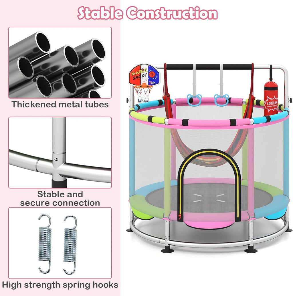 OLAKIDS 55' Trampoline for Kids, Indoor Outdoor Adjustable Toddler Trampoline with Safety Enclosure Net, Baby Recreational Trampolines with Basketball Hoop Hammock Boxing Bag Gymnastic Bar Rings
