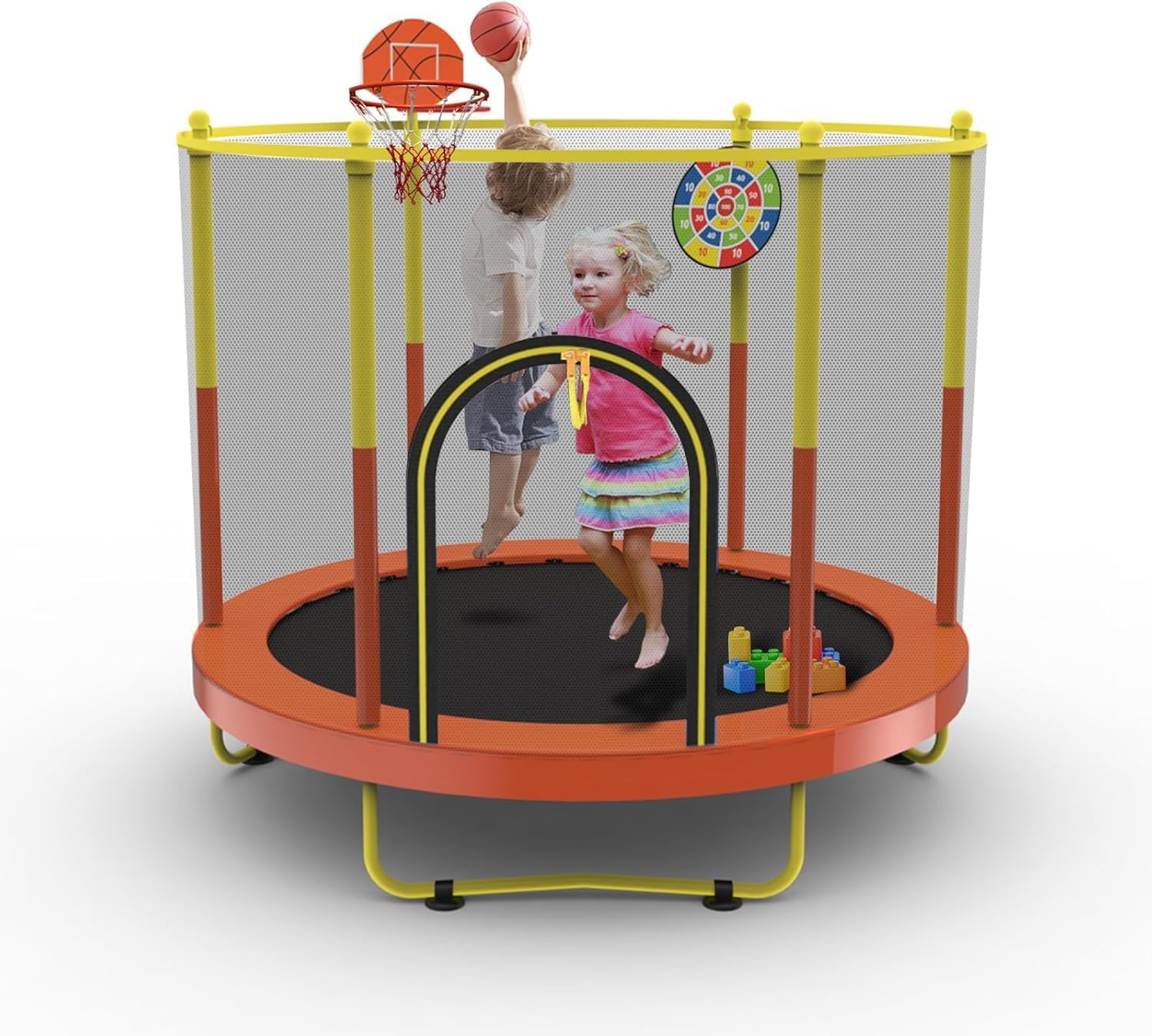 72' Trampoline for Kids with Net,6 FT Indoor & Outdoor Small Toddler Trampoline with Basketball Hoop & Dart Board for Ages 1-8, Birthday Gifts for Boys & Girls, Baby Toddler Christmas Toys