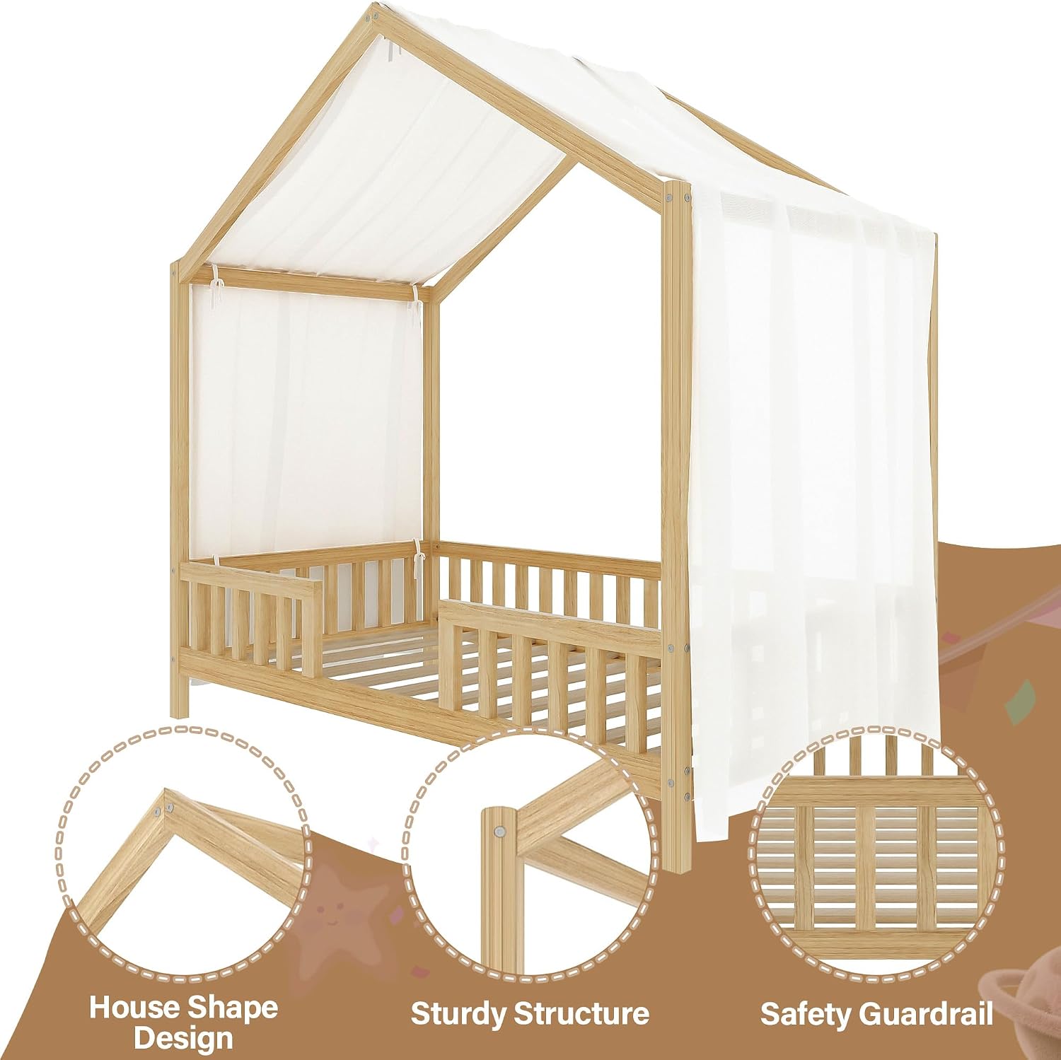 Bellemave Twin House BedFrame with Canopy, Montessori Floor Bed, House Bed with Rails for Kids, Natural