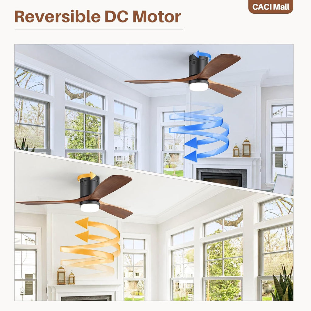 CACI Mall Smart 52 inch Wood Flush Mount Ceiling Fans with Lights and Remote, 3 Blades, Low Profile, Modern, Compatible with Alexa/Google/App, Outdoor Indoor Ceiling Fans for Bedroom/Farmhouse/Patio
