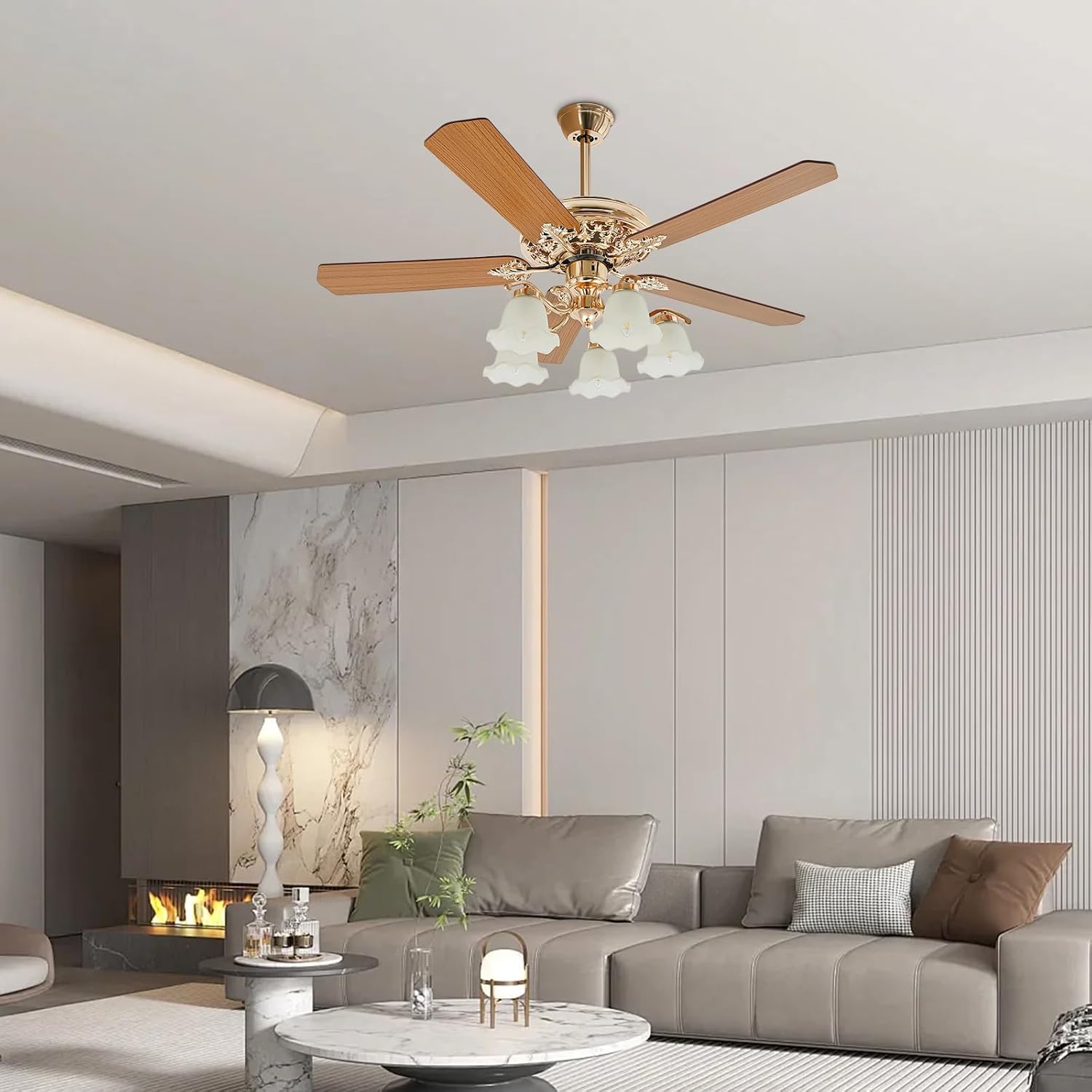 52' Vintage Ceiling Fan with Light - Remote Control 6-Speed Flush Mount Fan with LED, 5 Wood Blades for Bedroom/Living Room/Dining Room (Gold,5203CFM)