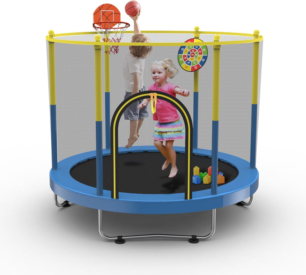 72' Trampoline for Kids with Net,6 FT Indoor & Outdoor Small Toddler Trampoline with Basketball Hoop & Dart Board for Ages 1-8, Birthday Gifts for Boys & Girls, Baby Toddler Christmas Toys