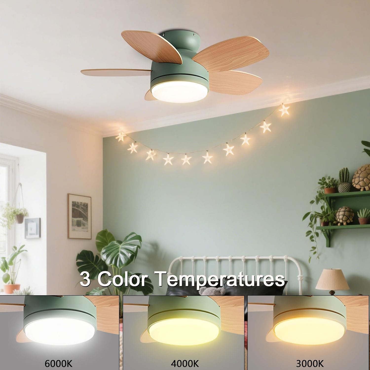 Flush Mount 32in Ceiling Fan with Light 6 Speed Quiet Green Ceiling Fans Remote LED Ceiling Lights Fan Lighting Timing Reversible Fan Light for Bedroom Kids Room Lounge