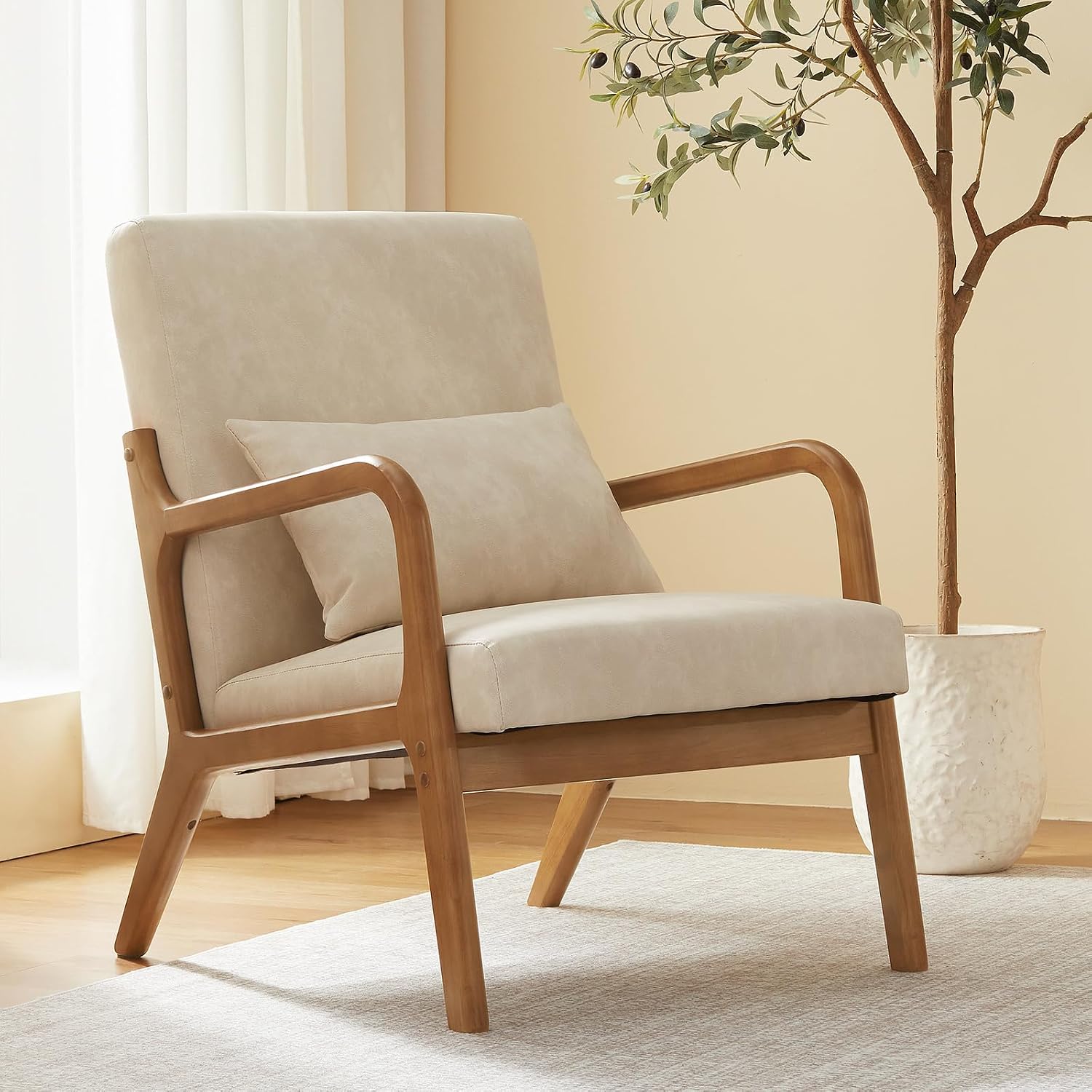 Achicsofar Accent Chair Mid Century Modern Armchair with Lumbar Support Pillow Wood Legs PU Leather Upholstered Lounge Chairs Comfy High Back Cushion for Living Room Bedroom