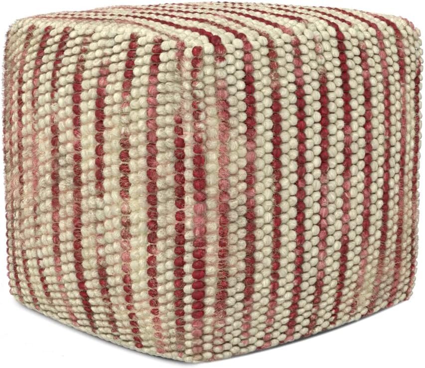 SIMPLIHOME Zoey Boho Cube Woven Pouf in Maroon Cotton and Wool for the Living Room, Bedroom and Kids Room