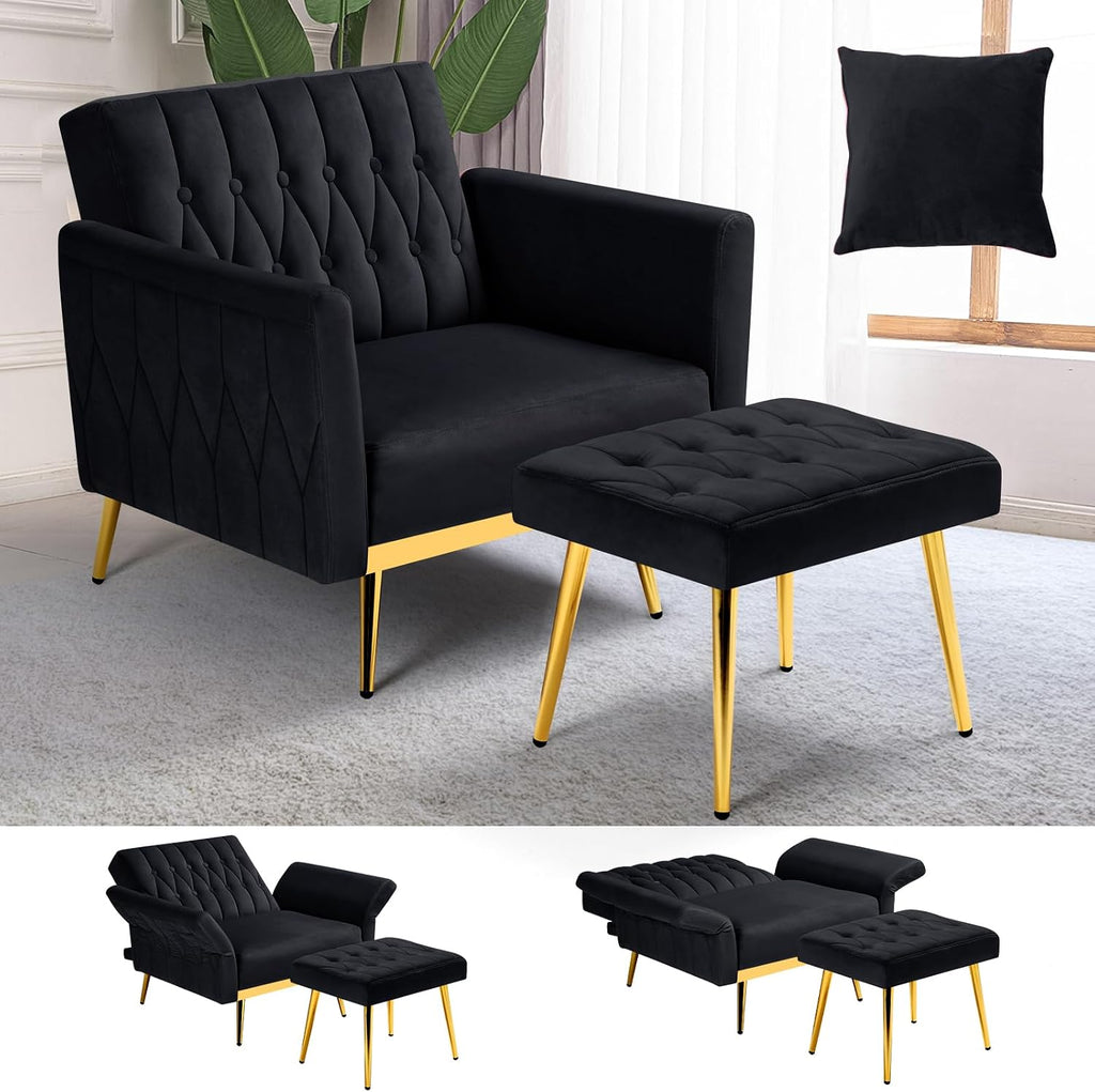 Velvet Accent Chair with Adjustable Armrests and Backrest, Button Tufted Lounge Chair, Single Recliner Armchair with Ottoman and Pillow for Living Room, Bedroom, Black