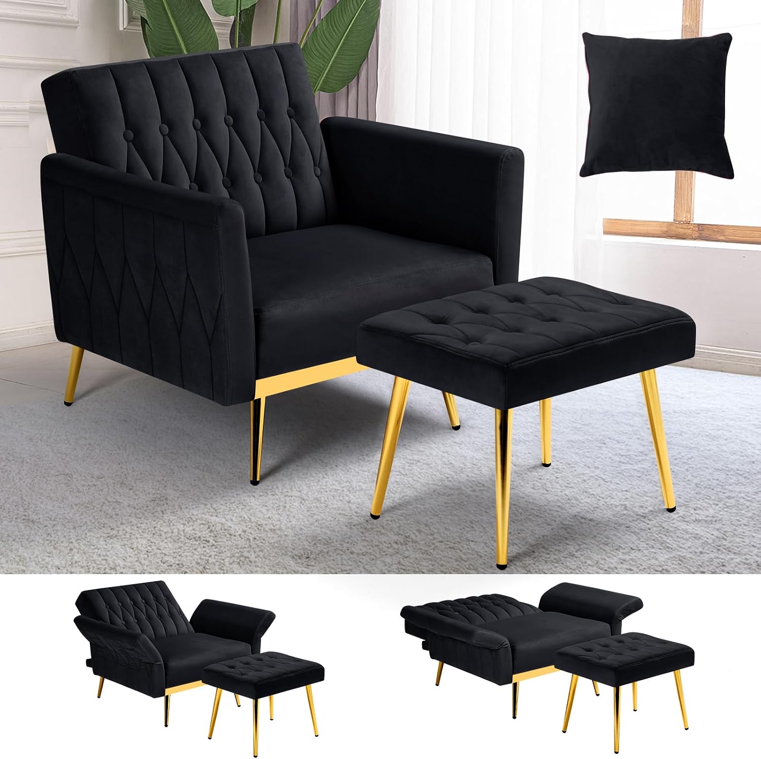 Velvet Accent Chair with Adjustable Armrests and Backrest, Button Tufted Lounge Chair, Single Recliner Armchair with Ottoman and Pillow for Living Room, Bedroom, Black