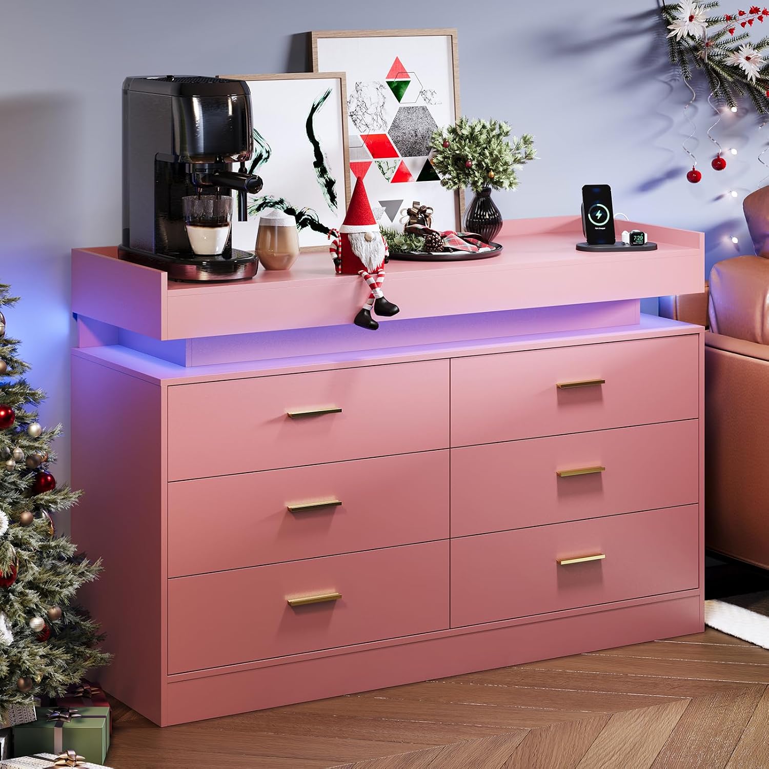 TV Stand Cabinet with LED Lights & Charging Station, Coffee Bar Cabinet Floating Countertop, Modern Sideboard Buffet 6 Drawers for Home, Living Room, Pink
