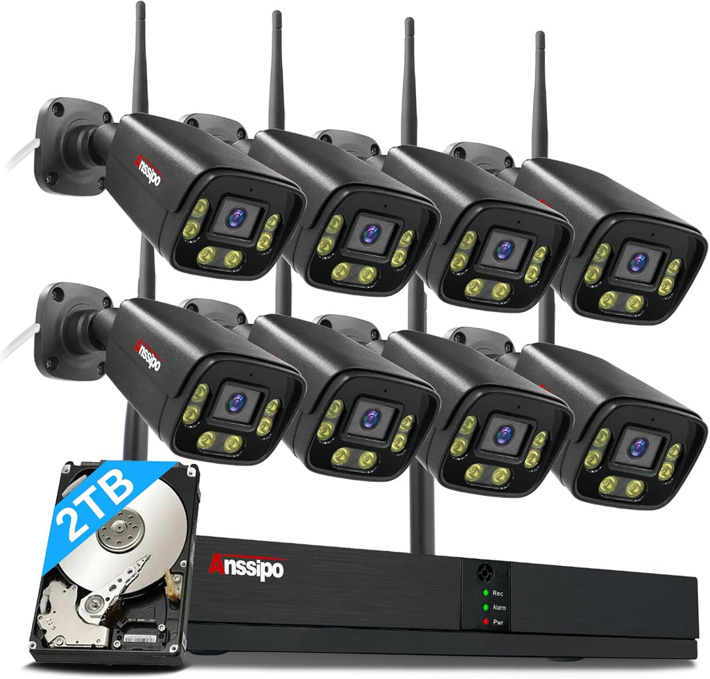 4K Wireless Security Camera System, 8pcs Plug-in WiFi Camera Outdoor Indoor, Dual Warning, 2 Way Audio, Color Night Vision, Person/Face Detection, 8CH WiFi Surveillance NVR, 2TB Hard Drive