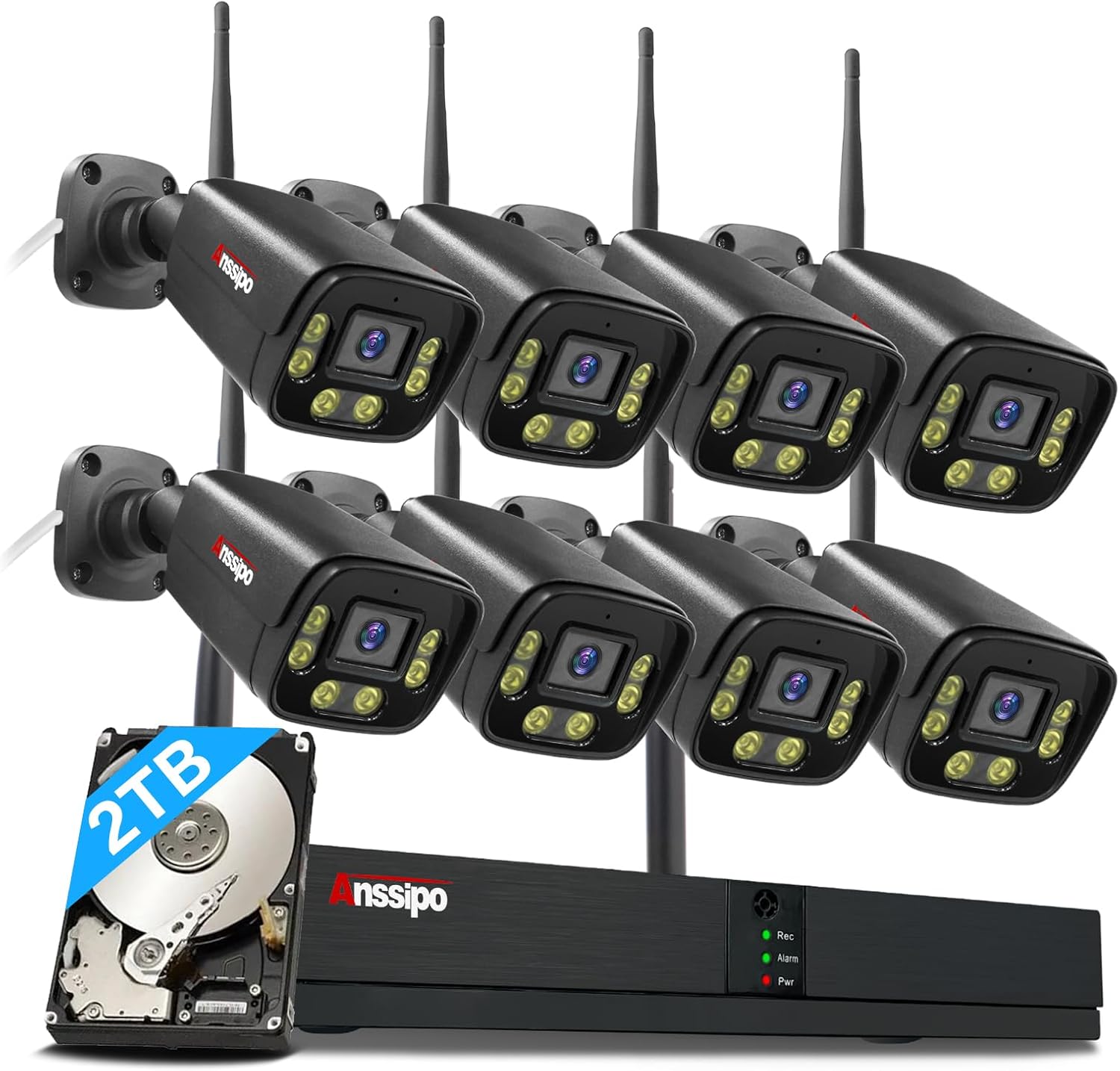 4K Wireless Security Camera System, 8pcs Plug-in WiFi Camera Outdoor Indoor, Dual Warning, 2 Way Audio, Color Night Vision, Person/Face Detection, 8CH WiFi Surveillance NVR, 2TB Hard Drive