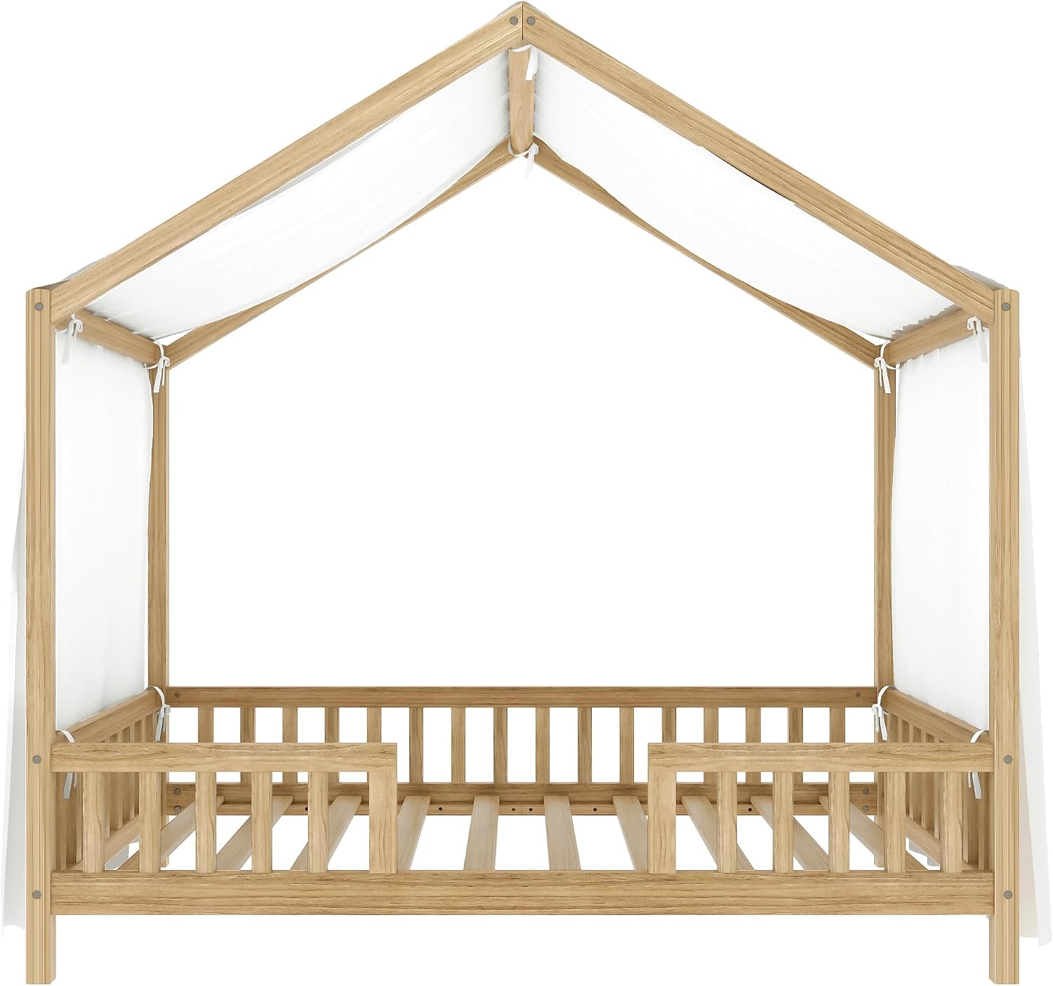 Bellemave Twin House BedFrame with Canopy, Montessori Floor Bed, House Bed with Rails for Kids, Natural