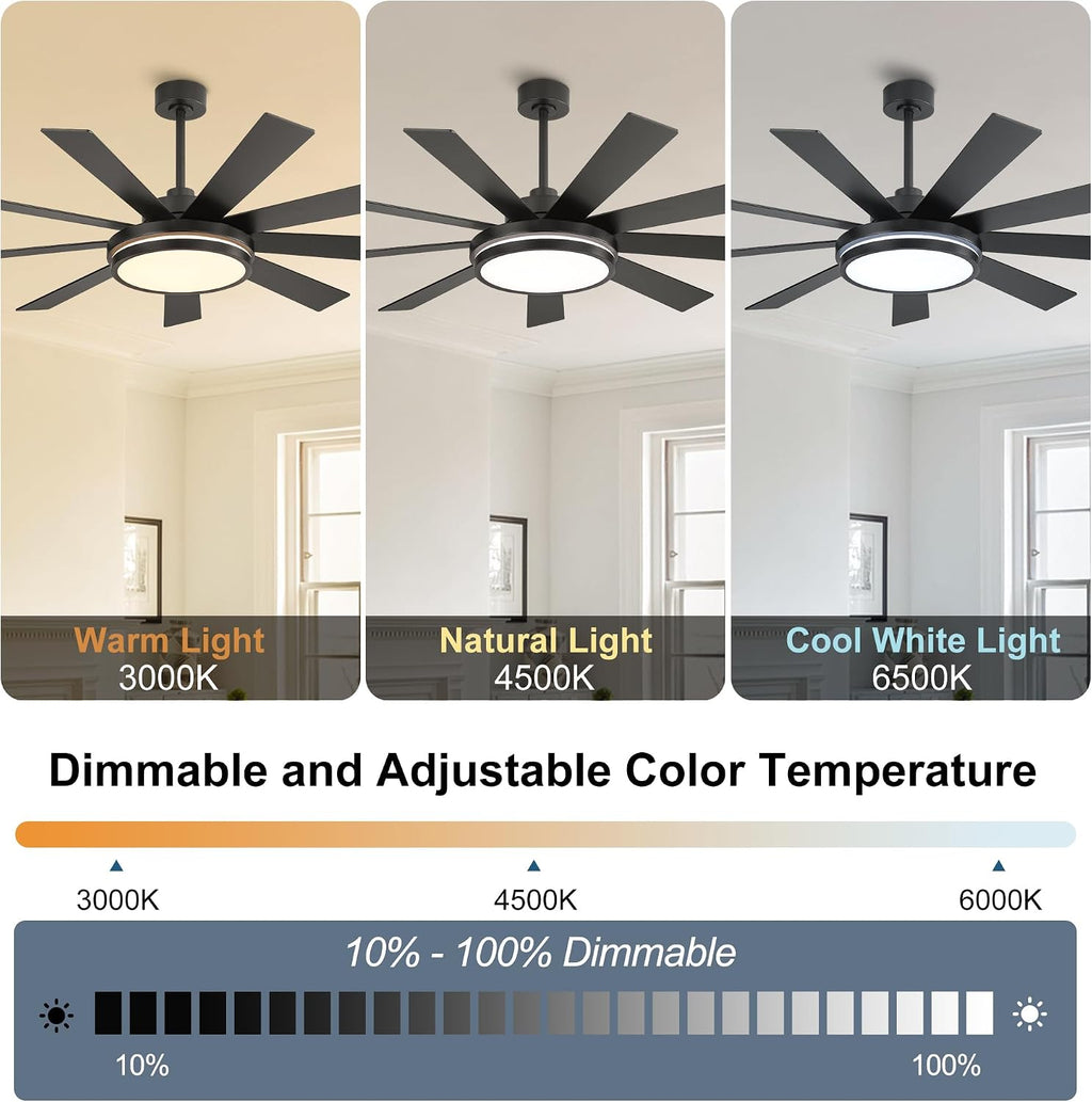 WINGBO 60' Ceiling Fan with Light - Large LED Dimmable Light, 6-Speed Remote Control, Reversible DC Motor, Modern Ceiling Fan 9 Blades for Bedroom, Living Room, Indoor Outdoor Black and Driftwood