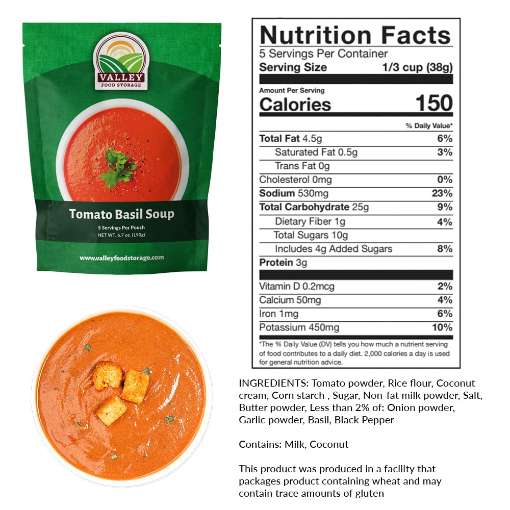Valley Food Storage Tomato Basil Soup | 10-Bag Bucket, 50 Servings | Premium Emergency Food Supply with 25 Year Shelf Life | Survival Meal Kits, Prepper Food, Camping & Off-Grid Living Supplies | Packaged in USA