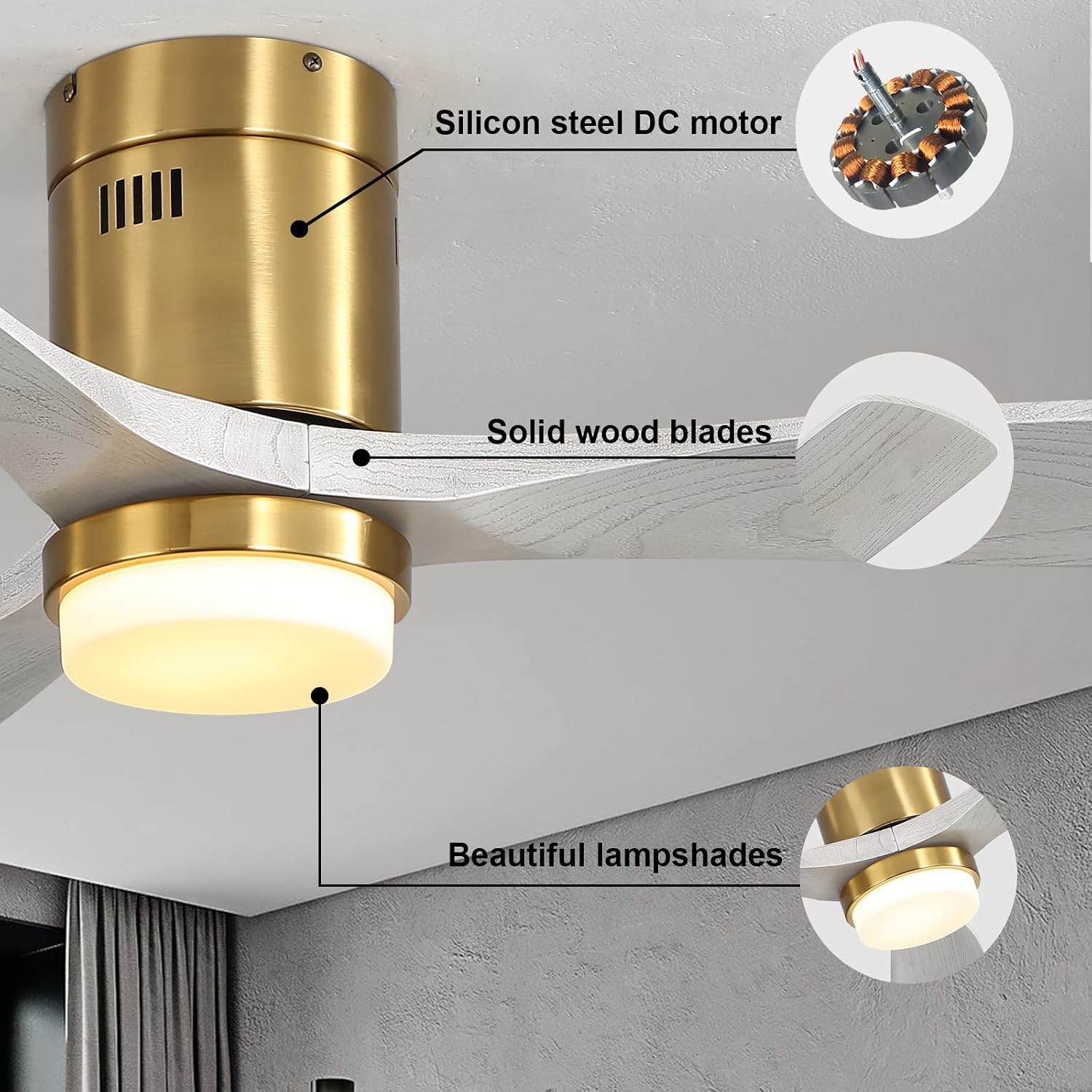 Sofucor 52 Inch Low Profile Ceiling Fan With Lights and Remote, Outdoor Modern Flush Mount Ceiling Fan 6-SPeed 3-CCT with Timer 3 Wood Blades for Bedroom Living Room Patios