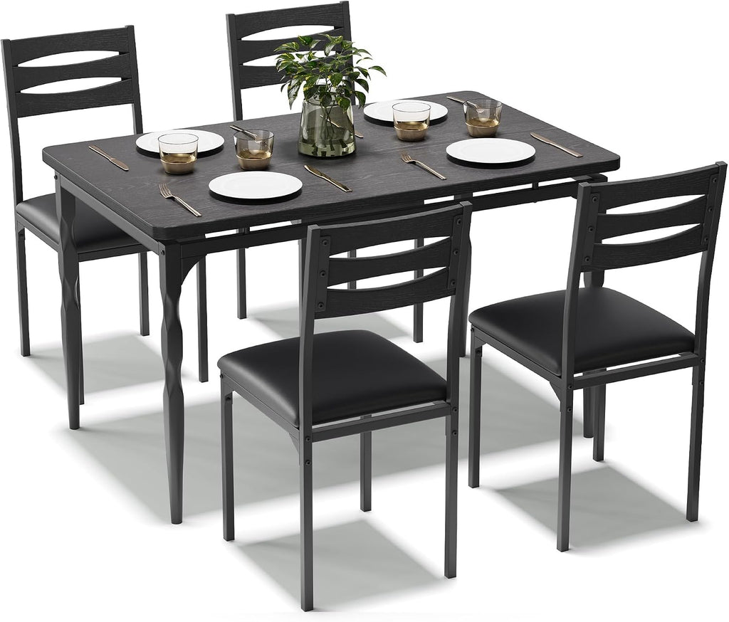 GarveeHome 5 Piece Dining Table Set, Industrial Style Dining Table and Chairs Set for 4, Kitchen Table Set for Dining Room Kitchen Apartment, Black