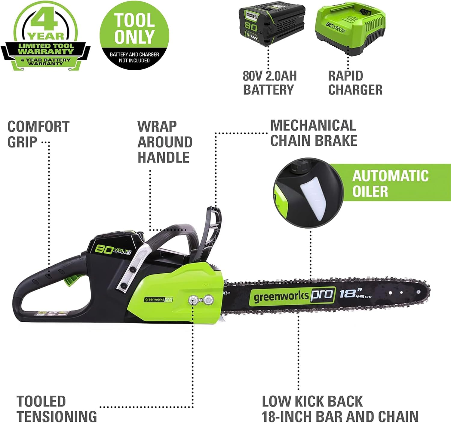 Greenworks 80V 18' Brushless Cordless Chainsaw (Great For Tree Felling, Limbing, Pruning, and Firewood) / 75+ Compatible Tools), 2.0Ah Battery and Rapid Charger Included