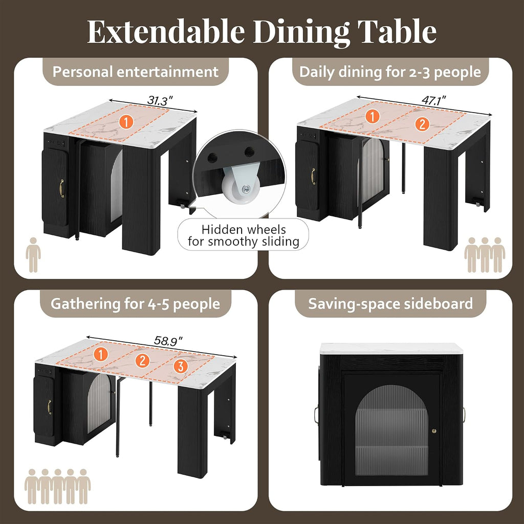 15.6' - 59' Extendable Dining Table, Mobile Kitchen Island with Storage Cabinet, Power Outlet and LED Lights, Space-Saving Dining Table for Small Spaces, Black and Marble White