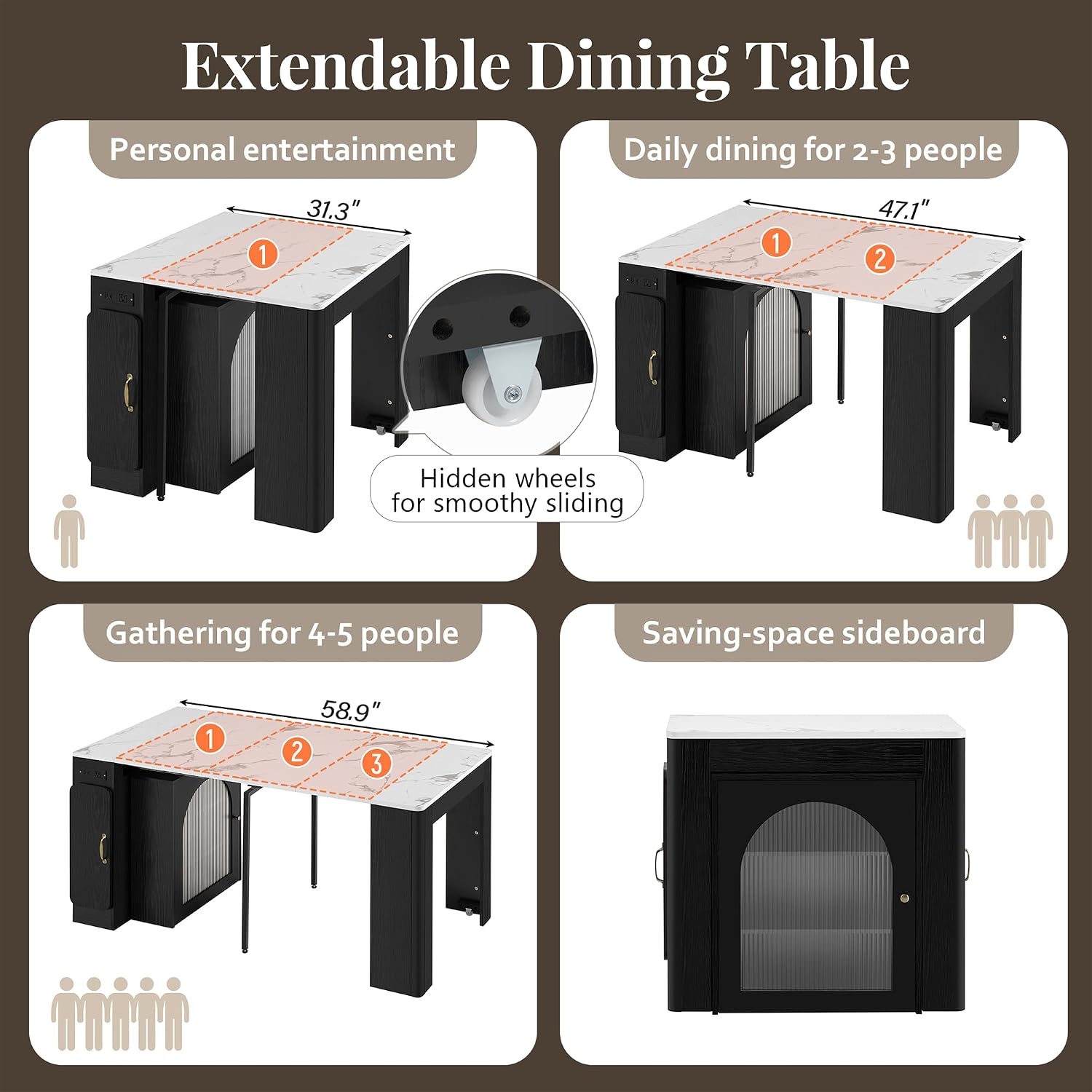15.6' - 59' Extendable Dining Table, Mobile Kitchen Island with Storage Cabinet, Power Outlet and LED Lights, Space-Saving Dining Table for Small Spaces, Black and Marble White
