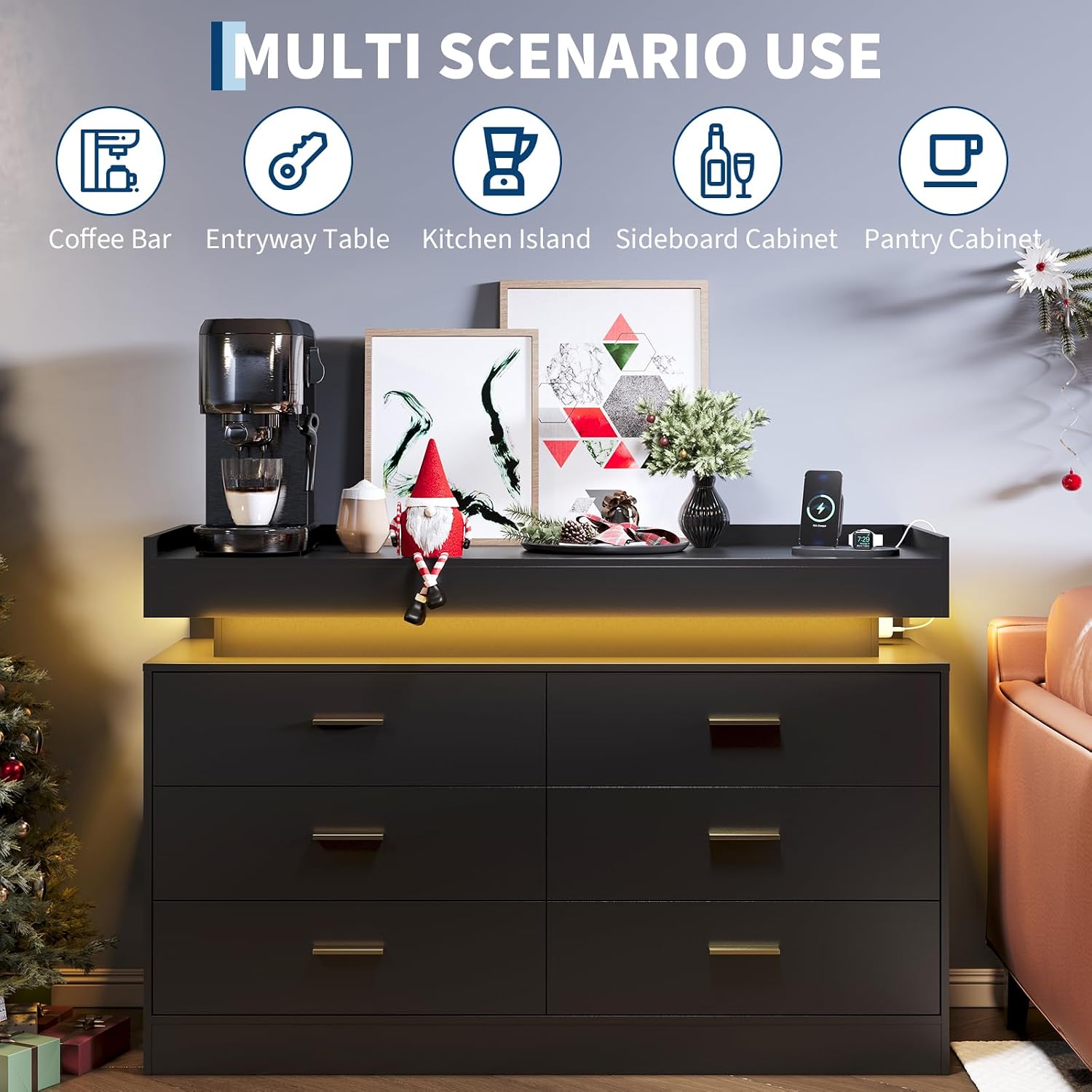 TV Stand Cabinet with LED Lights & Charging Station, Coffee Bar Cabinet Floating Countertop, Modern Sideboard Buffet 6 Drawers for Home, Living Room, Black