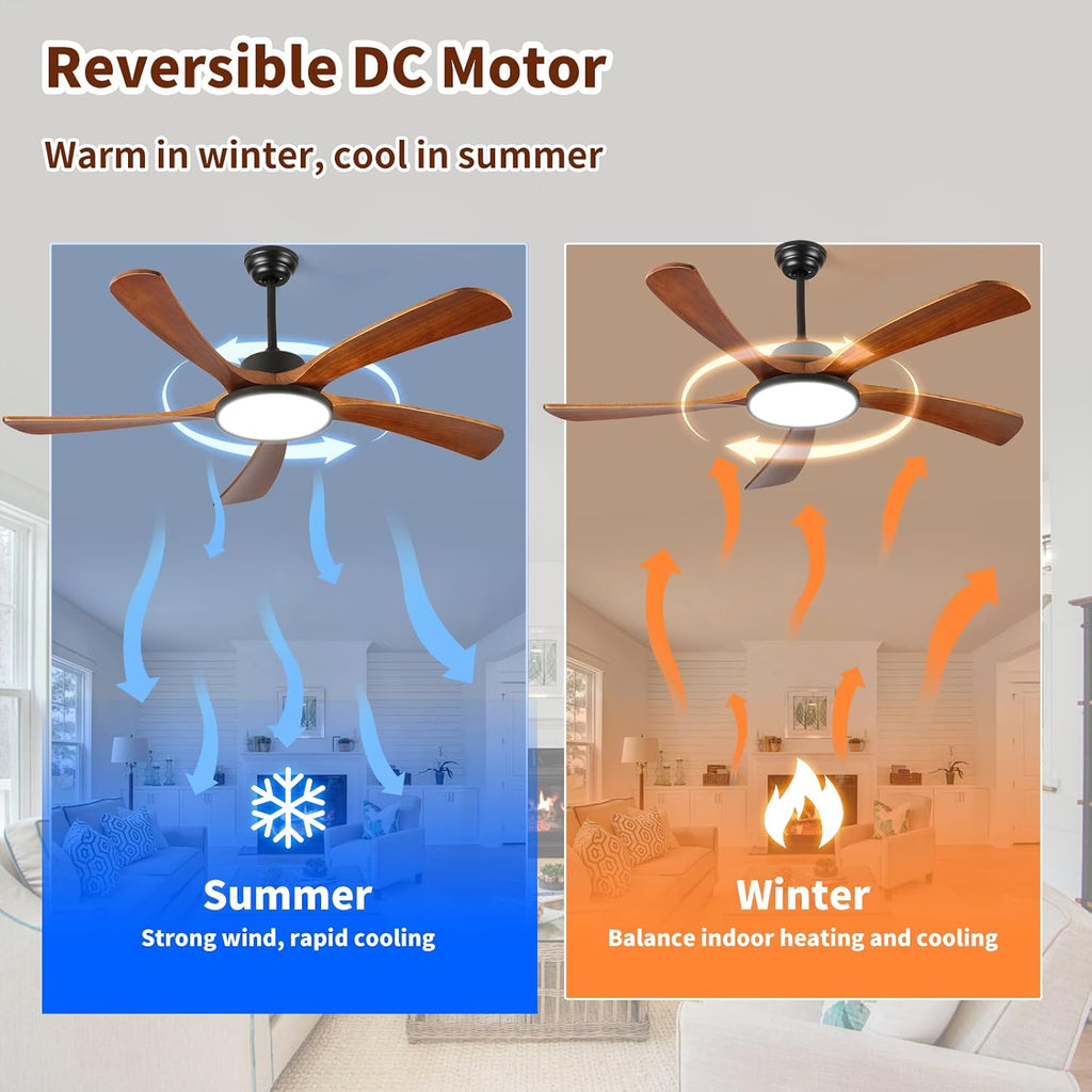 Wood Ceiling Fans with Lights and Remote Control LED Dimmable 52Inch Ceiling Fan DC Motor Reversible 5 Blade Wooden Ceiling Fans for Living Patio Matte Black