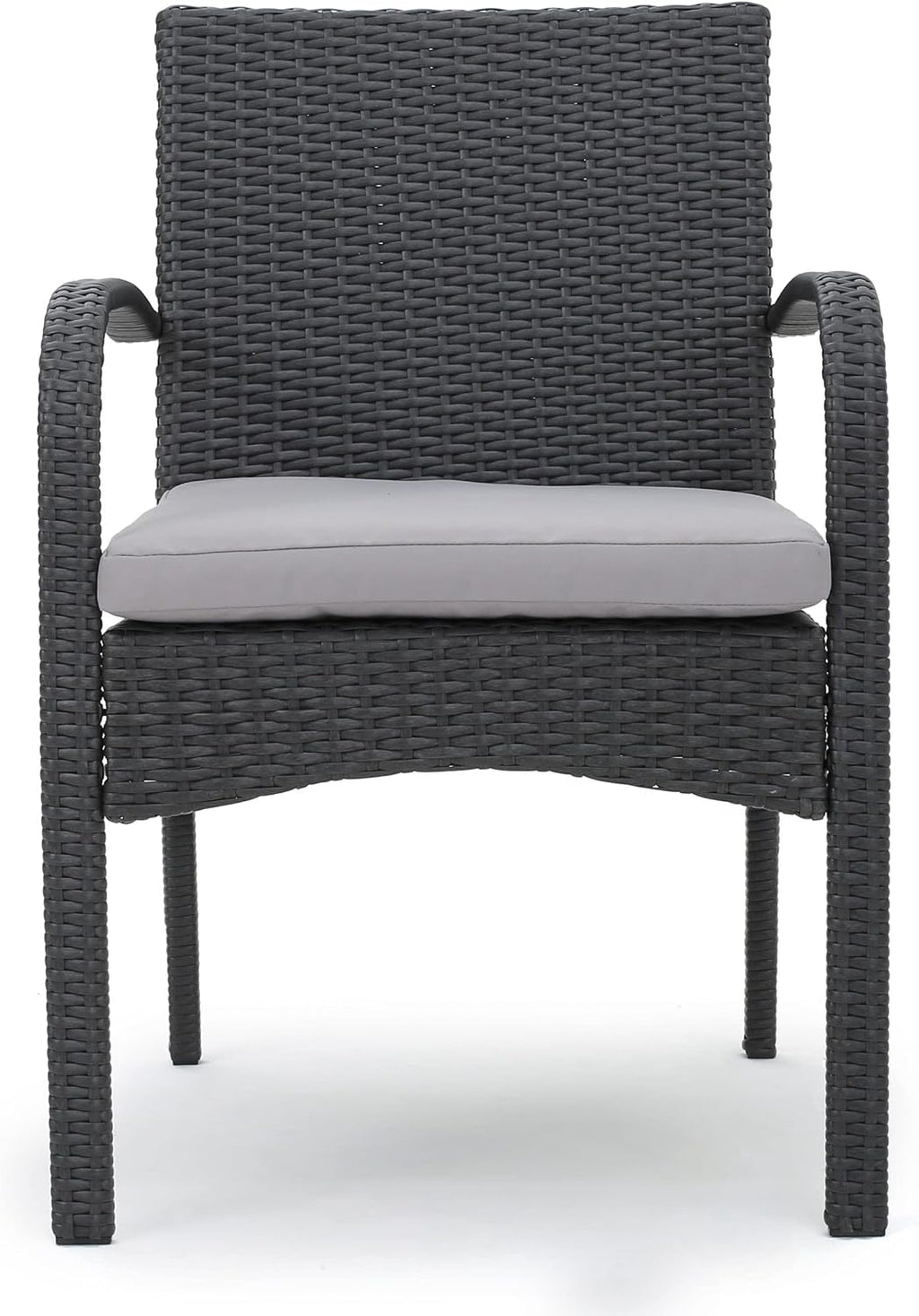 Christopher Knight Home Louise Outdoor Wicker Dining Set with Acacia Wood Table and Bench and Water Resistant Cushions, 6-Pcs Set, Sandblast Light Grey / Black Rustic Metal / Grey / Grey Cushions