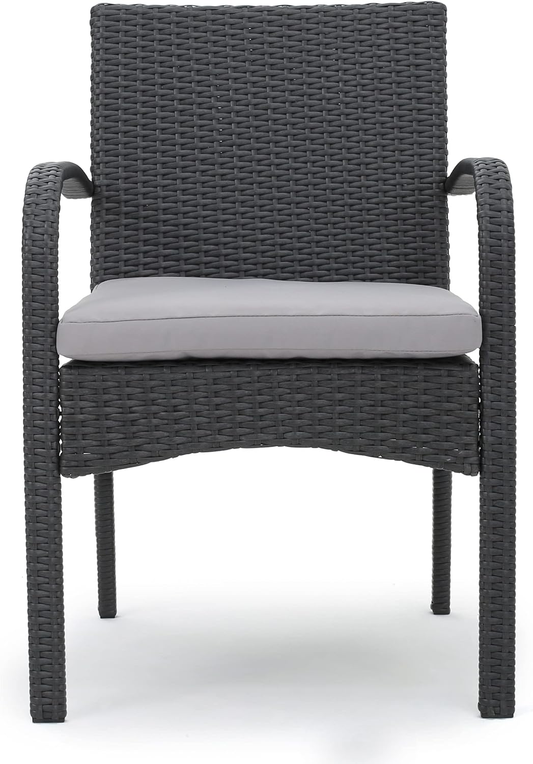Christopher Knight Home Louise Outdoor Wicker Dining Set with Acacia Wood Table and Bench and Water Resistant Cushions, 6-Pcs Set, Sandblast Light Grey / Black Rustic Metal / Grey / Grey Cushions
