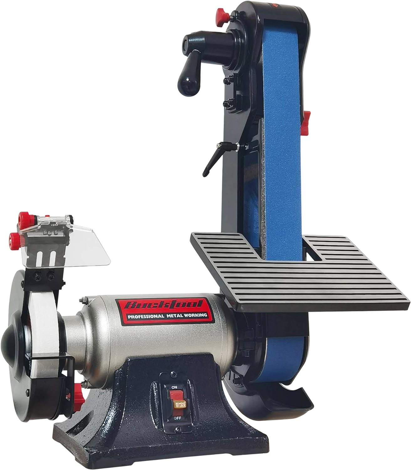 Bucktool 2 x 42 Belt Sander and 6 Inch Bench Grinder Combo, 1/2 HP 3.5 Amp Knife Sharpener for Knife Making, Metalworking, Woodworking, Benchtop Belt Grinder with Large Work Table