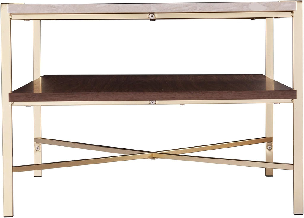 SEI Furniture Ardmillan Rectangular 47' Cocktail Table w/Storage, Brass and Dark Tobacco Finish w/White Faux Travertine