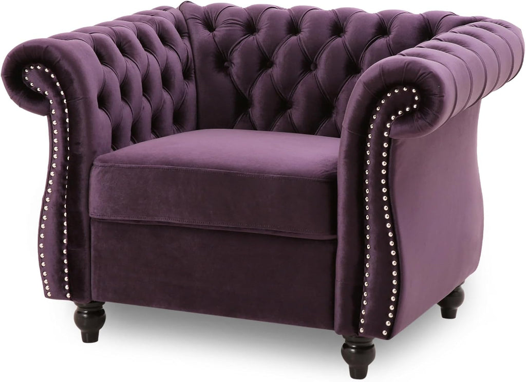 Great Deal Furniture Leila Chesterfield Velvet Club Chair, BlackBerry