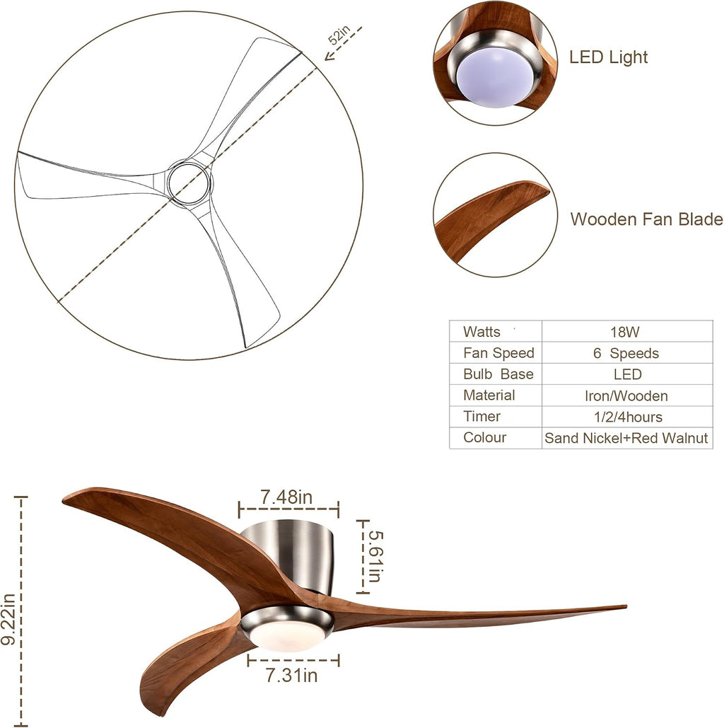 52' Modern Dimmable Chandelier Fan with Light, Low Profile Flush Mount Ceiling Fan Wooden Fandelier with Remote Reversible DC Motor Ceiling Fan for Bedroom Living Room (Nickel)