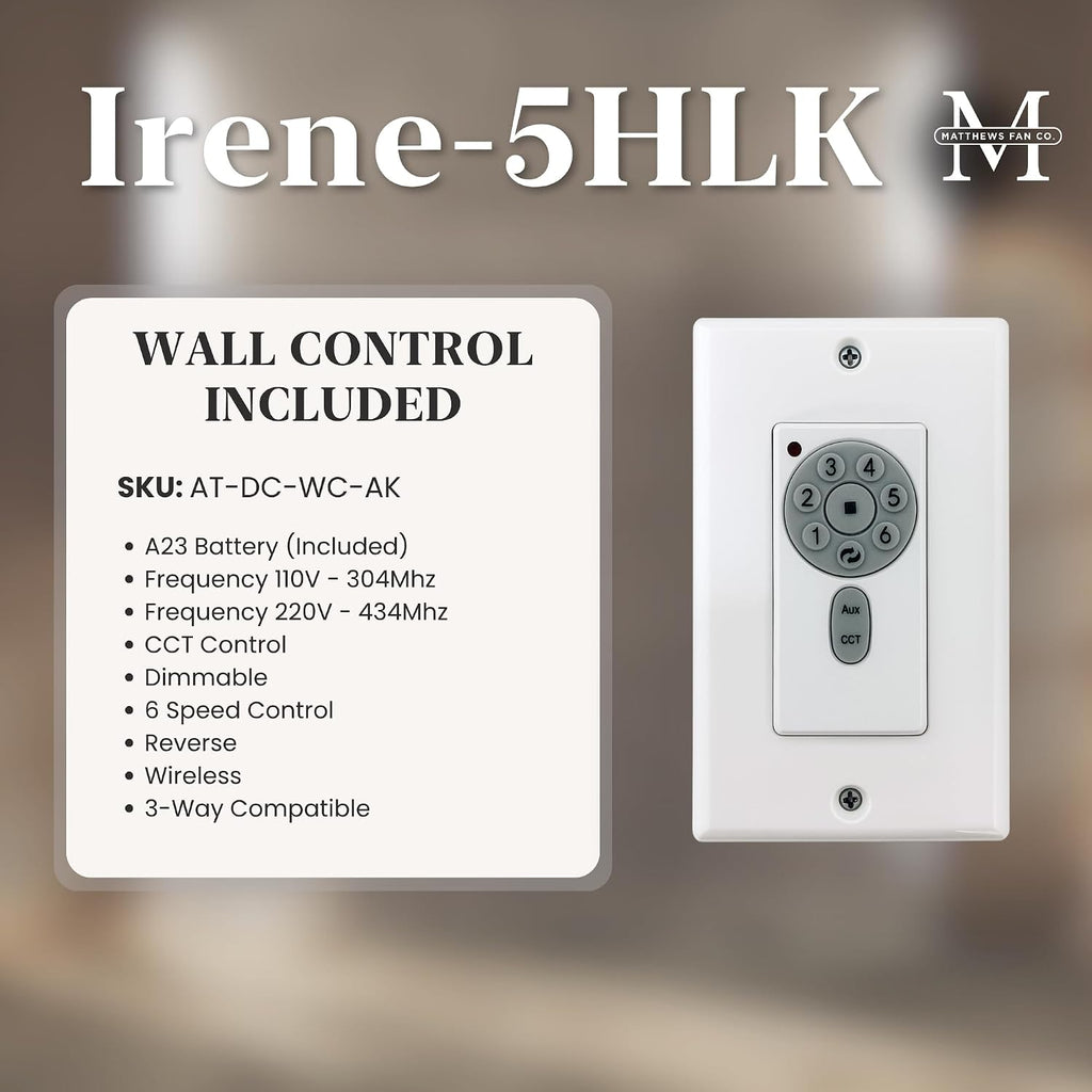 Matthews IR5HLK-BK-WA-42 Irene Damp Rated 42' Flush Mount Ceiling Fan with Light and Remote & Wall Control, Silent DC Motor, 5 Solid Wood Blades, Matte Black with Walnut Tone