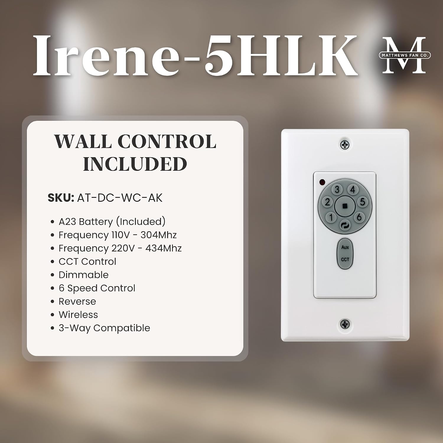 Matthews IR5HLK-BK-WA-42 Irene Damp Rated 42' Flush Mount Ceiling Fan with Light and Remote & Wall Control, Silent DC Motor, 5 Solid Wood Blades, Matte Black with Walnut Tone