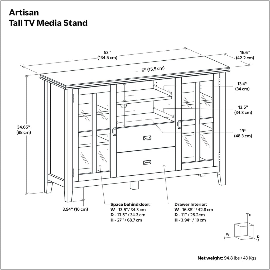 SIMPLIHOME Artisan TV Stand - 53 inch Wide Solid Wood Tall Media Console in Fog Grey, Contemporary Entertainment Center for Living Room for TVs up to 60 Inches with Drawers and Cable Management