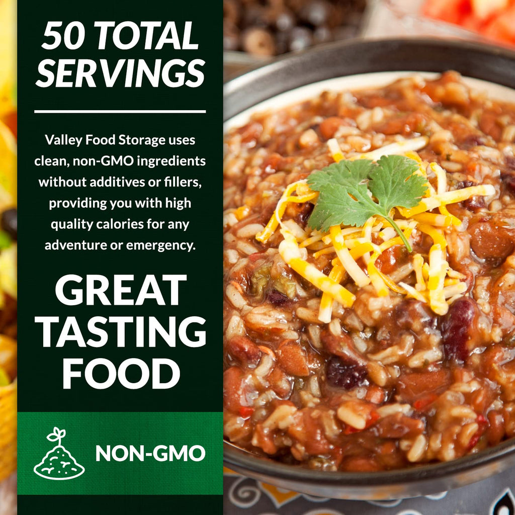Valley Food Storage Enchilada Beans & Rice | 50 Servings Emergency Food Supply | Premium Survival Meals, 25 Year Shelf Life | Prepper Food, Camping & Off Grid Living Supplies (10 Bags + Bucket)