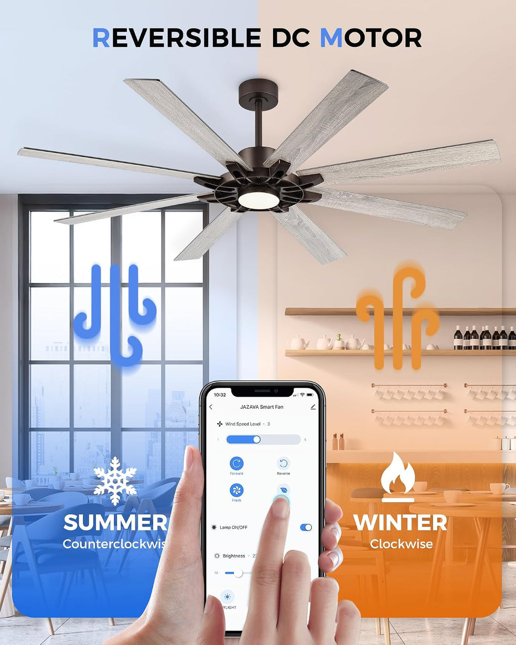 72 Inch Ceiling Fan with Light,Smart Ceiling Fan with Alexa Control,Large Oil Rubbed Bronze Indoor Outdoor Ceiling Fan,Modern Quiet Fan with Dual Finish 8 Blades for Patio, ZCCF05ORB-72