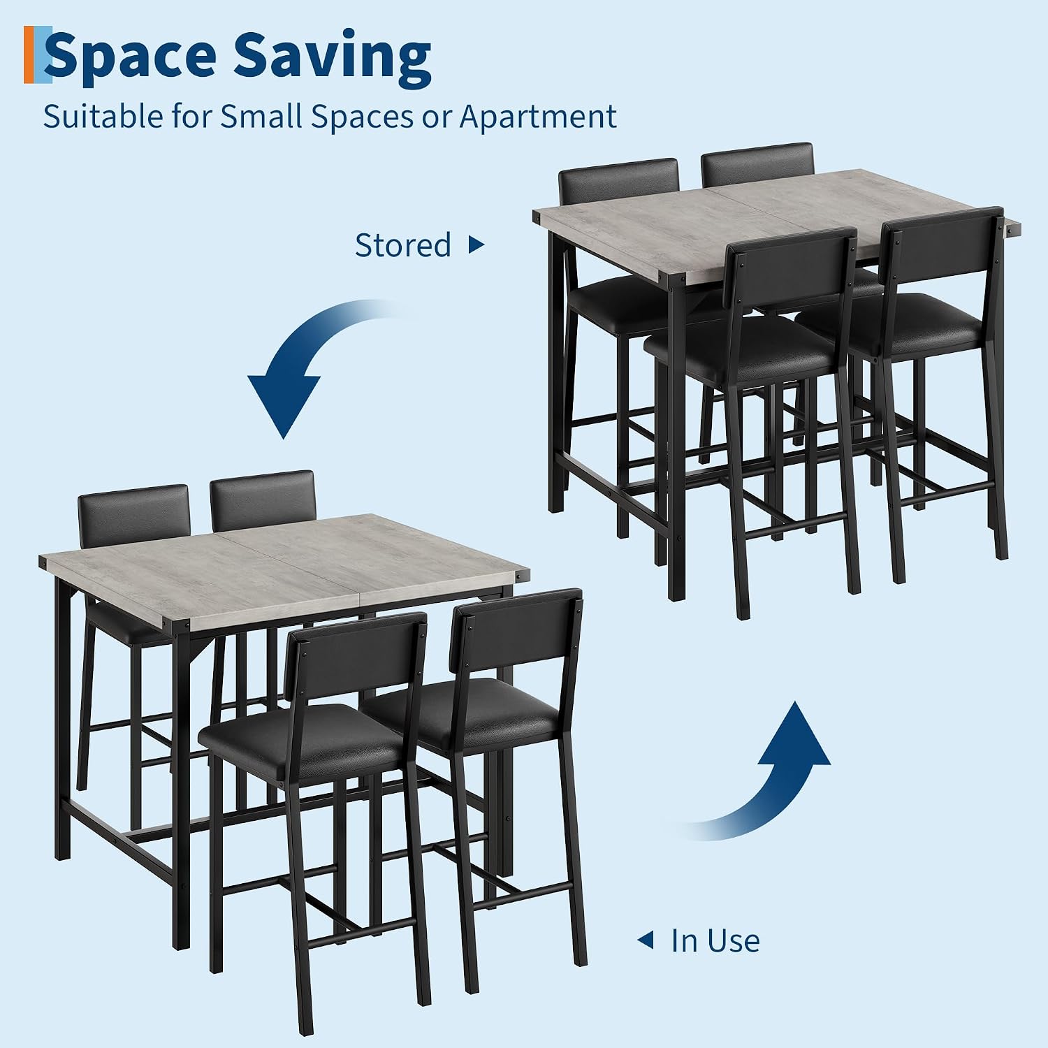 GarveeHome Dining Table Set for 4 with Corner Protector, Kitchen Table Set w/Footrest & Backrest, Counter Height Table with 4 Upholstered Bar Chairs, for Small Space, Retro Gray