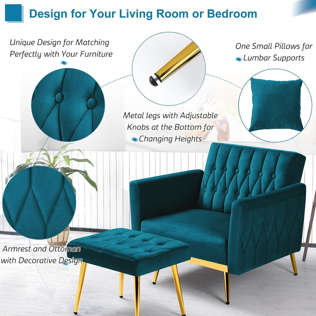 Velvet Accent Chair with Adjustable Armrests and Backrest, Button Tufted Lounge Chair, Single Recliner Armchair with Ottoman and Pillow for Living Room, Bedroom,Teal