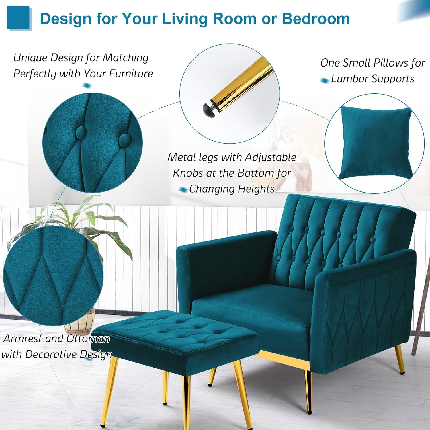 Velvet Accent Chair with Adjustable Armrests and Backrest, Button Tufted Lounge Chair, Single Recliner Armchair with Ottoman and Pillow for Living Room, Bedroom,Teal