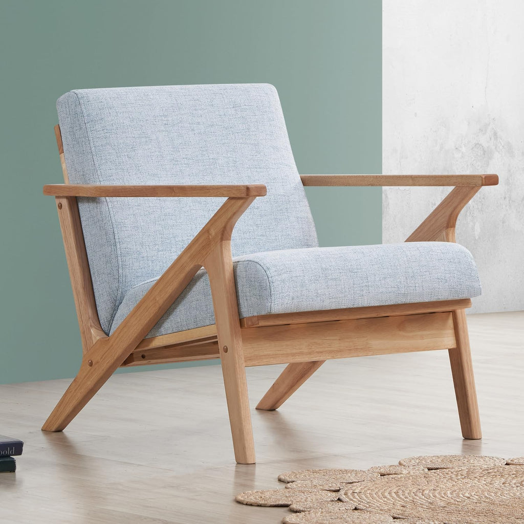 Zola Mid Century Modern Accent Chair Arm Chair, Living Room Furniture, Oak/Light Blue