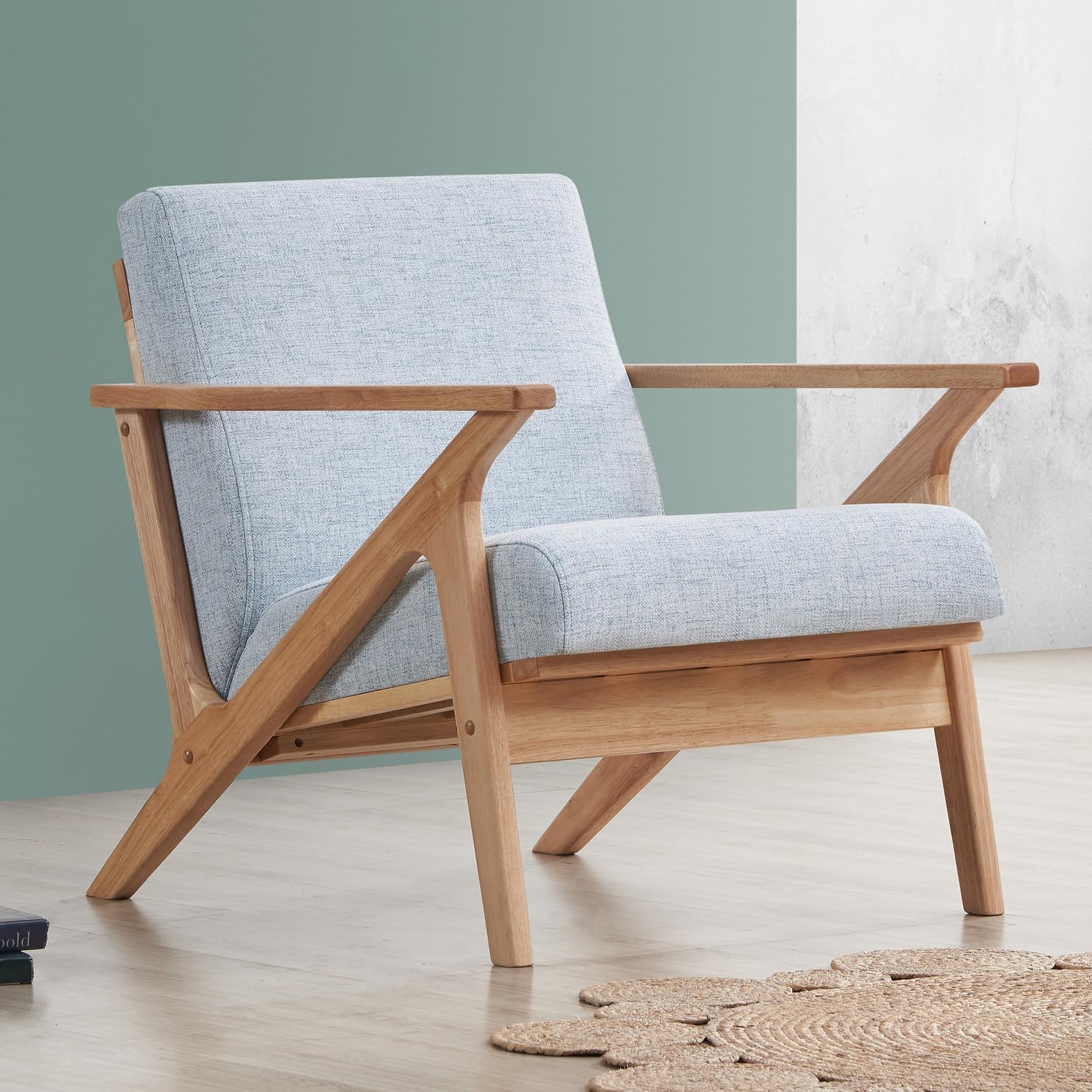 Zola Mid Century Modern Accent Chair Arm Chair, Living Room Furniture, Oak/Light Blue