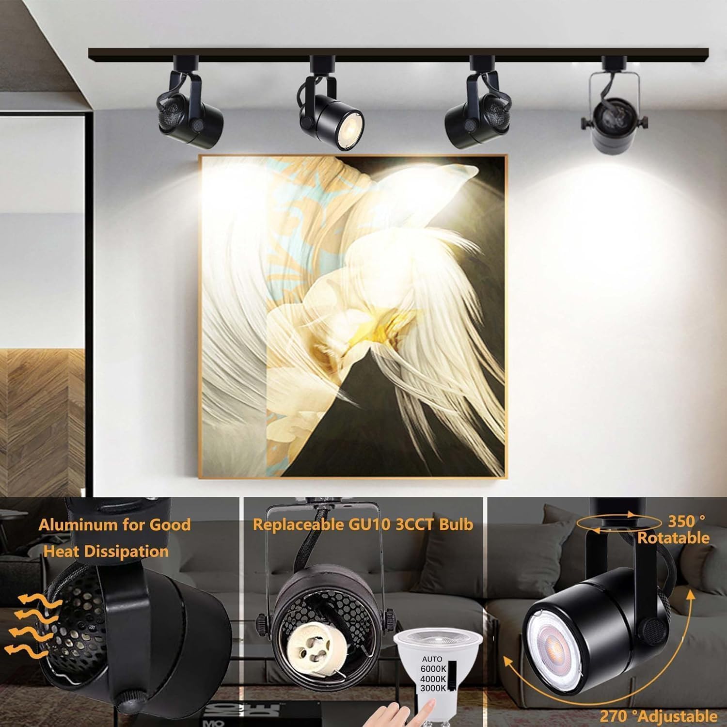 Dimmable LED GU10 Track Lighting Kit with Replaceable GU10 Bulbs, 18-Pack All-in-One Plug in 3CCT Ceiling Spotlights with 19.68FT Track Rails, Accent Lighting for Home, Store, Moblie Cart and Office