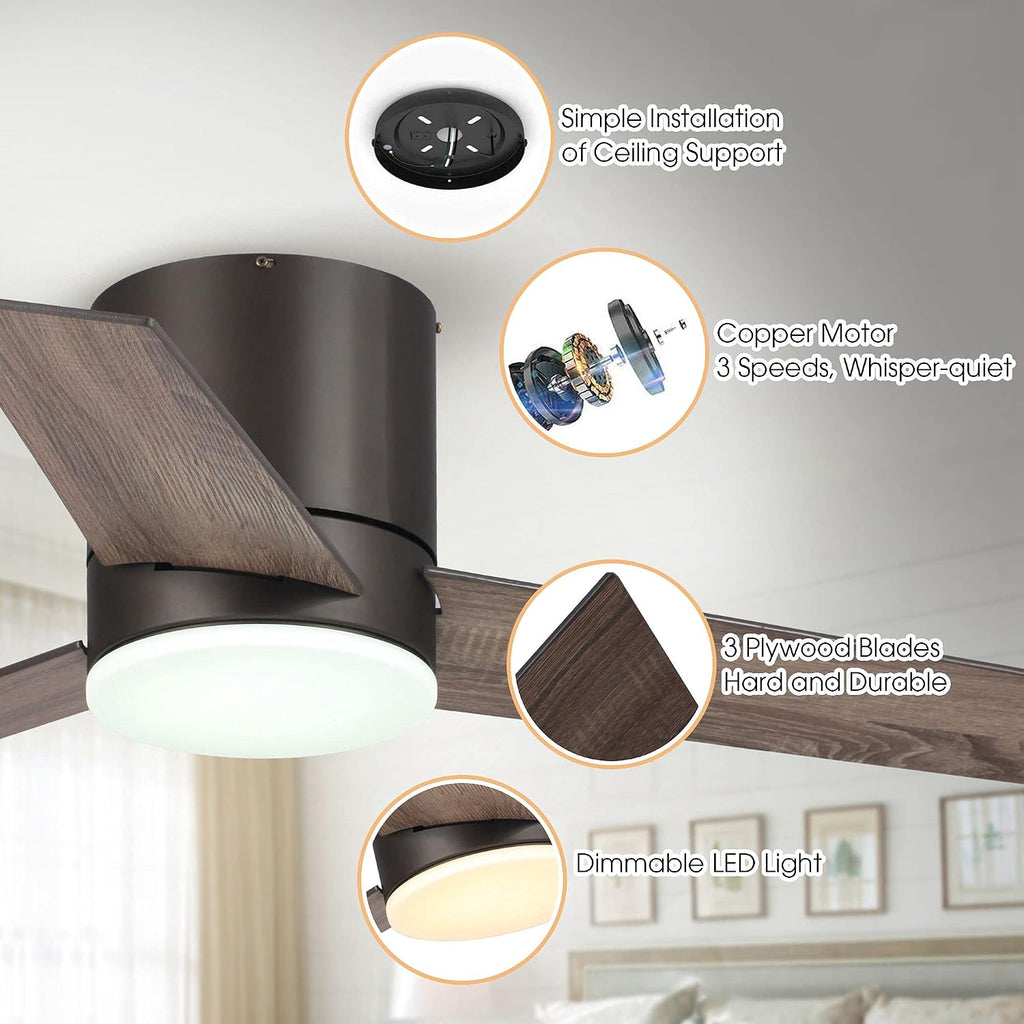 Parrot Uncle Ceiling Fans with Lights and Remote Low Profile Flush Mount Ceiling Fan with Light for Bedroom, Light Color Adjustable, 48 Inch, Brown