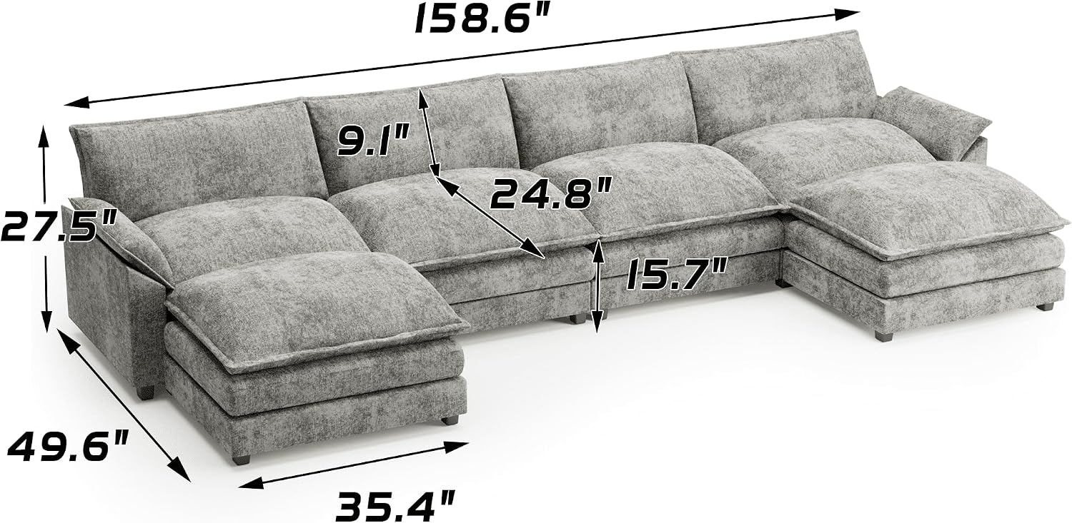 Shahoo Couches for Living Room, Sectional Modular Sofa U Shaped Chenille Fabric Couch with High Supportive & Soft Sponges and Removable Ottoman, Sleeper Comfy Upholstered Couch, Grey