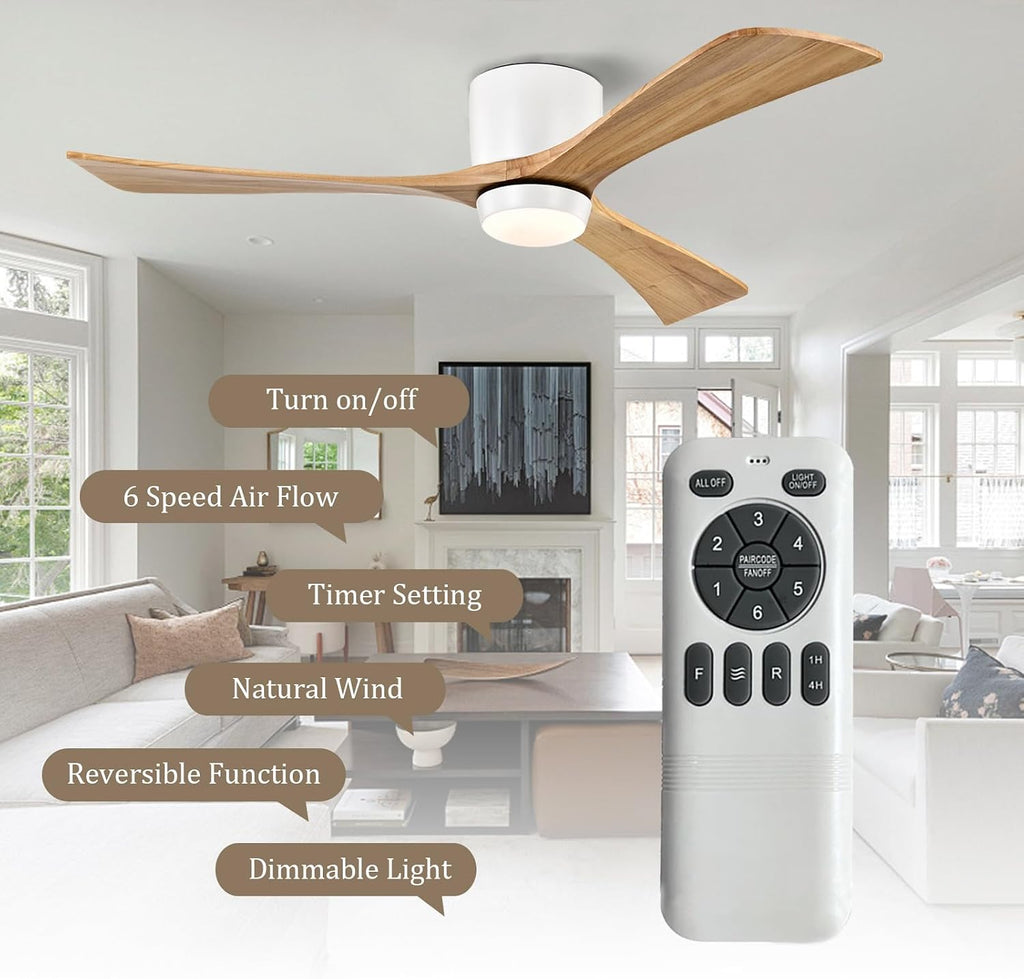 52inches Ceiling Fan with Lights,Wooden Flush Mount Ceiling Fans with Remote Control,Dimmable Light,3 CCT,6 Speeds,Noiseless DC Motor,Ceiling Fan for Bedroom,Living Room,Office,Indoor,White Walnut