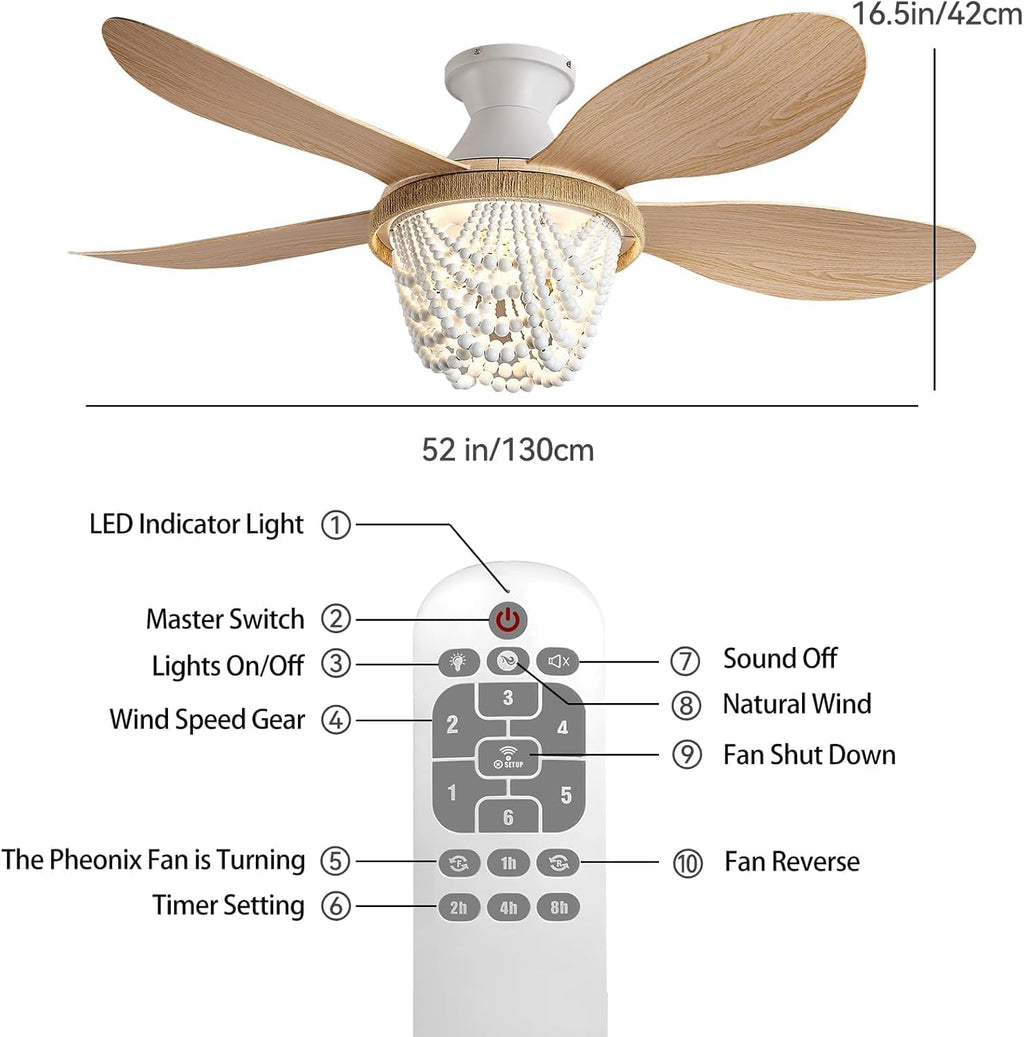 Boho Ceiling Fans with Lights and Remote, Wood Beaded 52 inch Ceiling Fan with Light,6 Speed Reversible Motor LED Flush Mount Ceiling Fans, Ceiling Fan Light for Bedroom Living Room(Wood Blades)